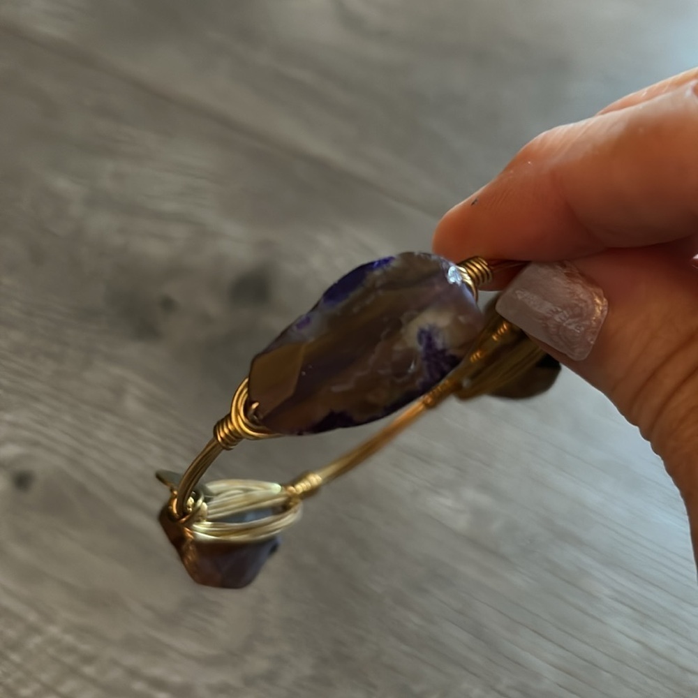 Gold Wire Wrapped Purple Stone Bangle Bracelet - Picture 4 of 5